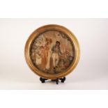 PAIR OF 19th CENTURY CREWEL WORK CIRCULAR PICTURES depicting rural scenes with shepherdess and sheep