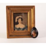 VICTORIAN MINIATURE WATERCOLOUR ON PAPER head and shoulders of a lady in blue lace trimmed gown