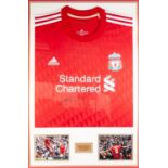 FRAMED AND GLAZED STEVEN GERRARD LIVERPOOL FC AUTOGRAPHED TEAM SHIRT with two coloured photos 34 1/