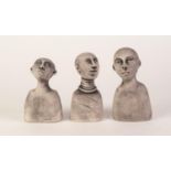 THREE MODERN STAINED EARTHENWARE STYLISED BUSTS POSSIBLY AFRICAN DINKA OR MAASAI PEOPLE one