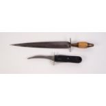 SPANISH PEASANT KNIFE with dagger blade and brass mounted bone handle, 13? (33cm) long, together