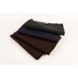 FOUR LENGTHS OF BROWN (x2), NAVY BLUE AND BLACK PIN STRIPE SUPER 70s ALL-WOOL SUITING MATERIAL,