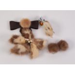 PAIR OF PASTEL MINK EARRINGS, SUEDE BOW BROOCH WITH PASTEL MINK CENTRE PASTEL MINK FIVE PETAL