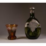 MID 20th CENTURY DIMPLED GREEN GLASS DECANTER applied with cut card and embossed pewter fruiting