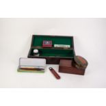 OBLONG WOODEN BOX CONTAINING A MISCELLANY OF ITEMS including the unique fountain pen, steel nib