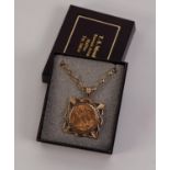 GEORGE V GOLD SOVEREIGN 1918 (F) loose mounted as a pendant in a 9ct GOLD SQUARE WIRE PATTERN