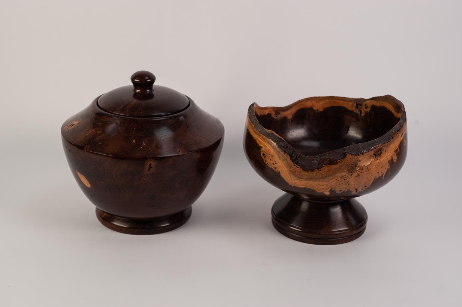 TURNED DARK BURRWOOD LARGE FOOTED BOWL AND COVER, 8? (20.3cm) high, together with a SIMILAR PEDESTAL