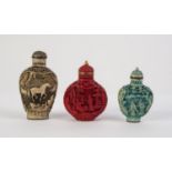 THREE MODERN CHINESE CINNABAR LACQUER UU FAUX IVORY SNUFF BOTTLES (3)