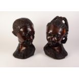 PAIR OF POST WAR AFRICAN CARVED IRONWOOD MALE AND FEMALE HEADS 13" (33) high (2)