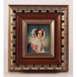 MODERN 20th CENTURY BUST PORTRAIT MINIATURE of a Victorian lady in white bonnet and pearls