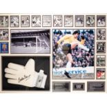 FRAMED AND GLAZED GORDON BANKS MONTAGE of black and white and coloured photos with autographed inset