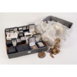 TRAY WITH APPROXIMATELY TWENTY SIX BOXED ITEMS OF COSTUME JEWELLERY including rings, earrings,