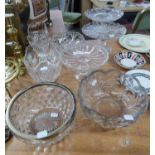 CUT GLASS BOWL, JUG, THREE CAKE STANDS, AND THREE OTHER CUT GLASS BOWLS VARIOUS (8)