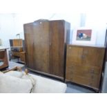 1950?S OAK BEDROOM SUITE OF 3 PIECES, VIZ A SEMI-FITTED WARDROBE, 5? WIDE; A KNEEHOLE DRESSING TABLE