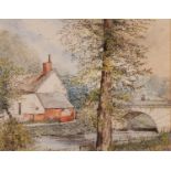 F. TAYLOR (TWENTIETH CENTURY) WATERCOLOUR DRAWING River scene with cottage and figures on a bridge