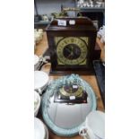 MAHOGANY REPRODUCTION BRACKET CLOCK WITH GILT METAL CARRYING HANDLE SURMOUNTING, BATTERY MOVEMENT