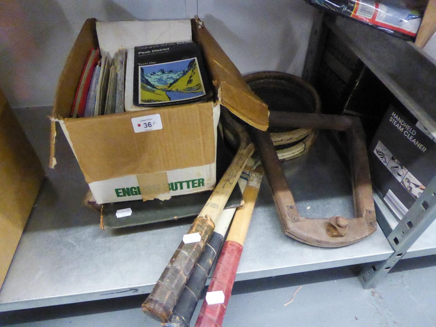 THREE OLD TENNIS RACQUETS, A BOX OF ORDNANCE SURVEY MAPS  AND A BOOK 'HISTORE GENERALE, DES PEOPLES'