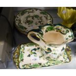 MASONS IRONSTONE CHINA JUG, MATCHING OBLONG TWO HANDLED SANDWICH TRAY AND THREE PLATES