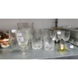 A QUANTITY OF CUT GLASS AND OTHER STEM WINES, DECORATIVE CHINA, ORNAMENTS, LAMPS ETC.....