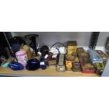 APPROX 28 TINS VARIOUS, BAKELITE OLD HAIR DRYER, ANOTHER OLD HAIR DRYER, OIL LAMP AND BLUE GLASS