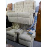 A WINGED LOUNGE SUITE OF THREE PIECES COVERED IN FLORAL EMBOSSED BEIGE FABRIC WITH BUTTONED BACKS,