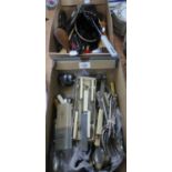 TWO BOXES CONTAINING ELECTROPLATE CUTLERY TO INCLUDE; BONE HANDLE KNIVES, SOUVENIR SPOON'S, FORKS,