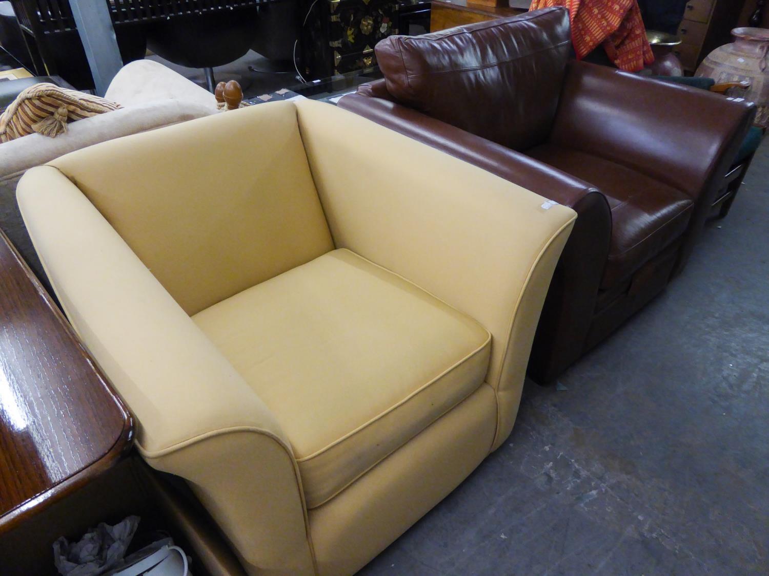 A MODERN DARK BROWN LEATHER ARMCHAIR, AND A BEIGE FABRIC ARMCHAIR (2)