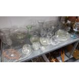 A MOULDED GLASS PEDESTAL CAKE STAND; TWO GLASS OVAL TRINKET TRAYS AND OTHER GLASWARES VARIOUS, AN