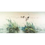 F. DELOE? (MODERN) OIL PAINTING ON CANVAS Ducks in flight over water Signed 23 ½? x 47 ½? (59.7cm