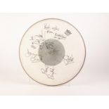REMO USA USED DRUM SKIN SIGNED IN BLACK FELT PEN BY FOUR BAND MEMBERS OF MANSUN, Stove King, Paul