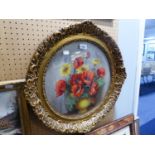 SYDELLYCIRCULAR OIL PAINTING ON CANVASBOWL OF POPPIES, ETC.SIGNED 15? DIAMETER, IN ORNATE GILT FRAME