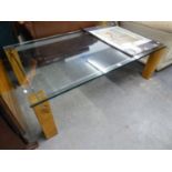 A SUBSTANTIAL MODERN THICK PLATE GLASS TOPPED LOW COFFEE TABLE, 90cm wide, 150cm long, 46cm high