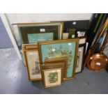 A FRAMED DRIED FLOWER PICTURE AND FOUR FRAMED SMALL COLOUR PRINTS AND A QUANTITY OF OTHER PICTURES