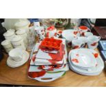 VINERS RAYWARE POPPY BREAKFAST SET, SIX POTTERY STORAGE JARS, BISCUIT, TEA, SUGAR, COFFEE ETC. TABLE