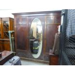 LARGE MAHOGANY INLAID TRIPLE DOOR WARDROBE, HAVING MIRROR DOOR, FITTED CENTRAL SECTION AND TWO