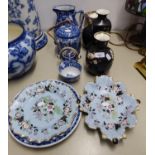 THREE MID NINETEENTH CENTURY STAFFORDSHIRE PALE BLUE STAINED EARTHENWARE DESSERT PLATES, FLORAL
