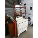 A MAHOGANY CHEVAL TOWEL RAIL, A WHITE TABLE AND A FOLDING TABLE (3)