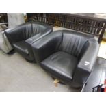 A PAIR OF BLACK LEATHER REVOLVING TUB CHAIRS, ON CIRCULAR CHROME BASES