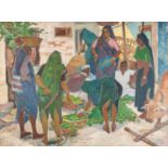 UNATTRIBUTED (TWENTIETH CENTURY INDIAN SCHOOL) OIL ON CANVAS Indian Market Scene Indistinctly signed