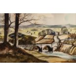 JAMES A. HURLEY (TWENTIETH CENTURY) WATERCOLOUR DRAWING River landscape with stone bridge Signed