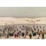 GEORGE W. SMETHURST (b.1902) OIL PAINTING Winter scene with figures skating on a frozen lake