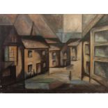 R.S. (TWENTIETH CENTURY) OIL PAINTING Stylised street scene with figures Initialled and dated (19)58