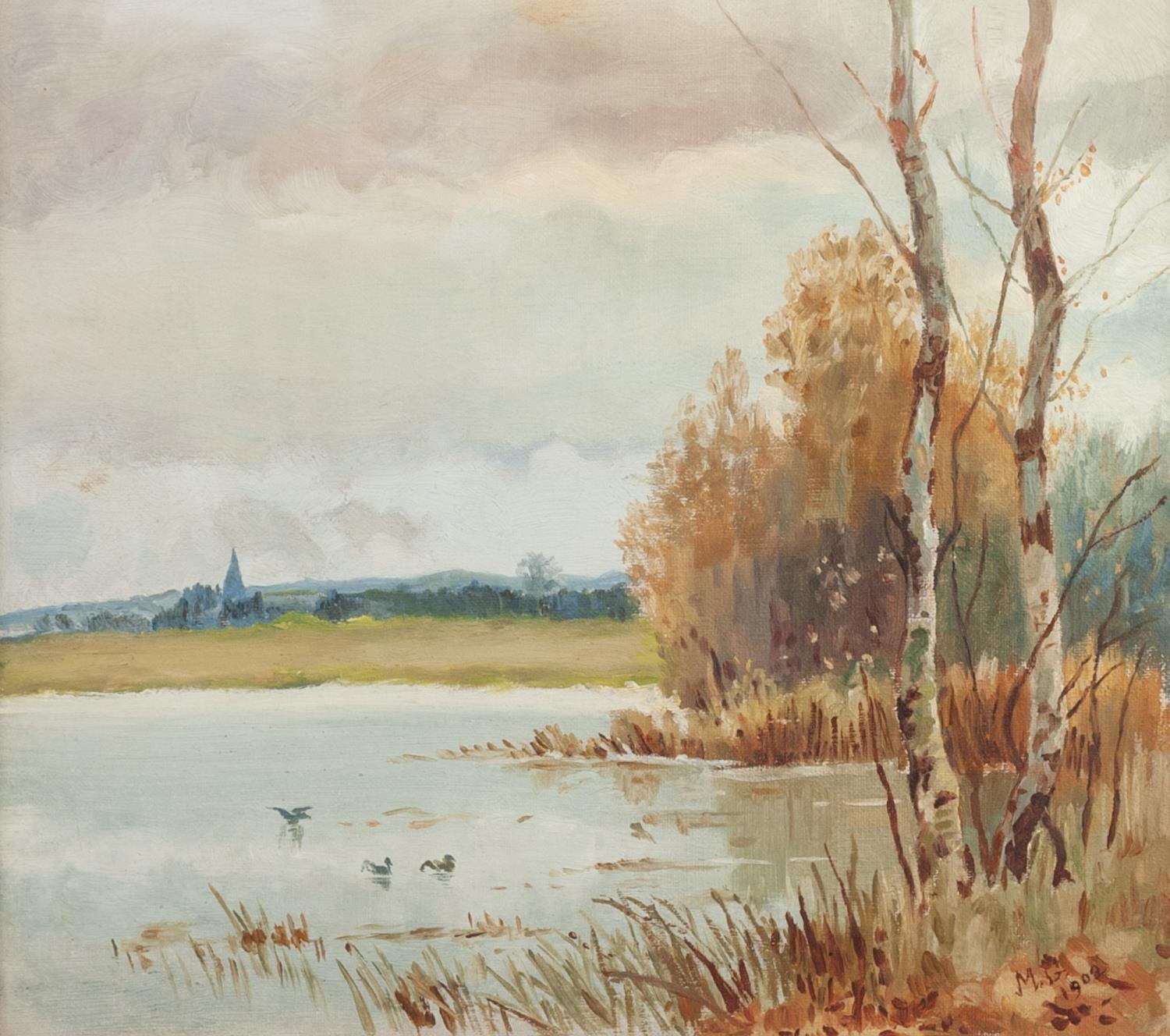 M.G. (EARLY TWENTIETH CENTURY) OIL ON CANVAS River scene with church spire in the distance Signed