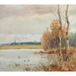 M.G. (EARLY TWENTIETH CENTURY) OIL ON CANVAS River scene with church spire in the distance Signed