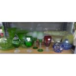 TWO GREEN CRACKLED GLASS VASES, ANOTHER LARGE VASE IN GREEN, GREEN GLASS PUNCH BOWL AND CUPS,