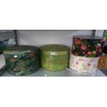 THREE FABRIC COVERED CHINESE STYLE HAT BOXES AND TWO OTHER HAT BOXES