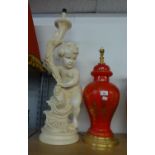 LARGE POTTERY TABLE LAMP WITH SEATED BOY, ANOTHER TABLE LAMP, IN GILT AND RED ORIENTAL DESIGN