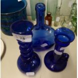 BRISTOL BLUE GLASS CHAMBER CANDLESTICK, OLD BRISTOL BLUE GLASS GLOBE AND SHAFT SHAPED VASE AND