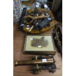 SMALL SELECTION OF COLLECTORS BRASS, CANNON 10" LONG, WOODEN CHESS BOARD, FOUR COLOURED PRINTS OF