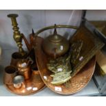 COPPER AND BRASSWARES VARIOUS TO INCLUDE; A LOG BASKETS, KETTLE, LARGE CANDLESTICK, DOG ORNAMENT